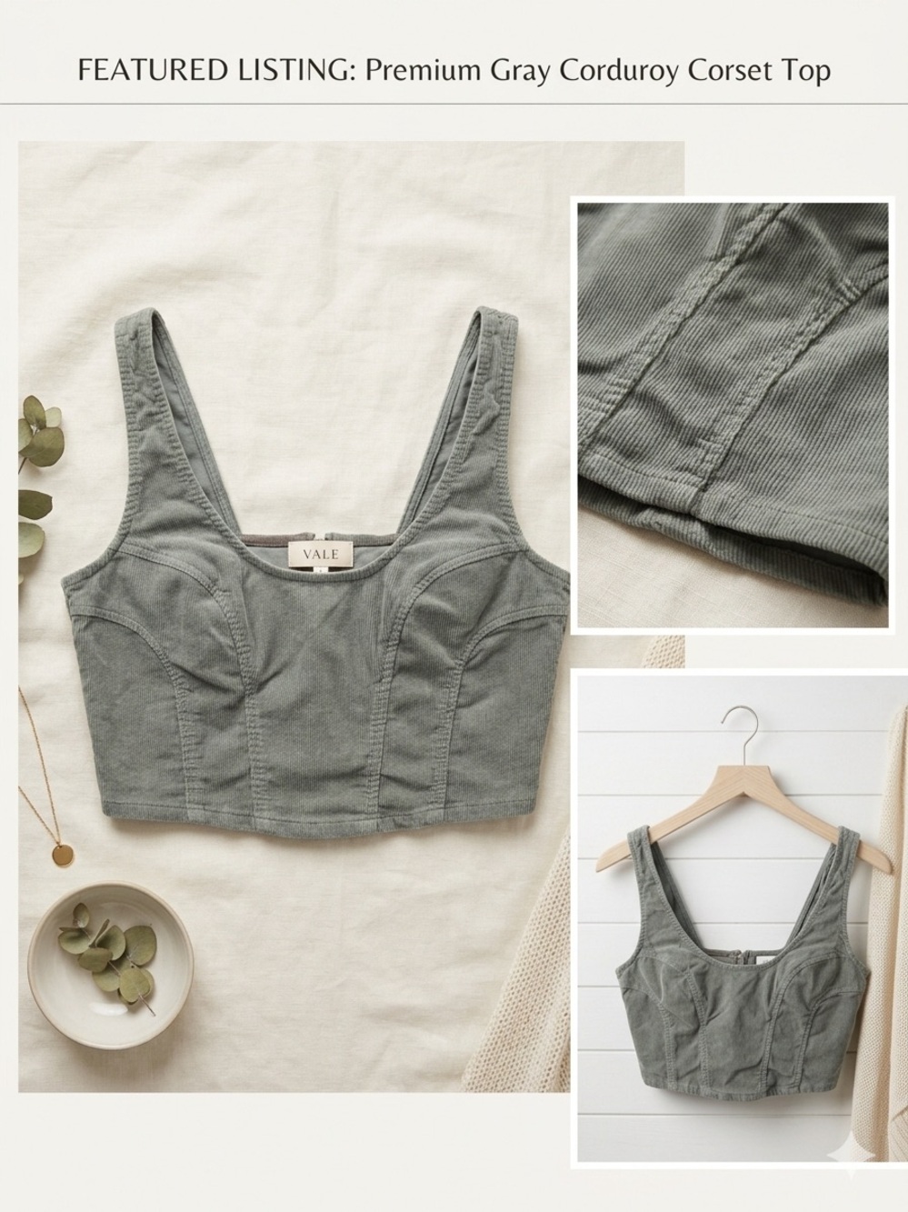BDG Urban Outfitters Gray Corduroy Corset Bustier Crop Top Size Medium